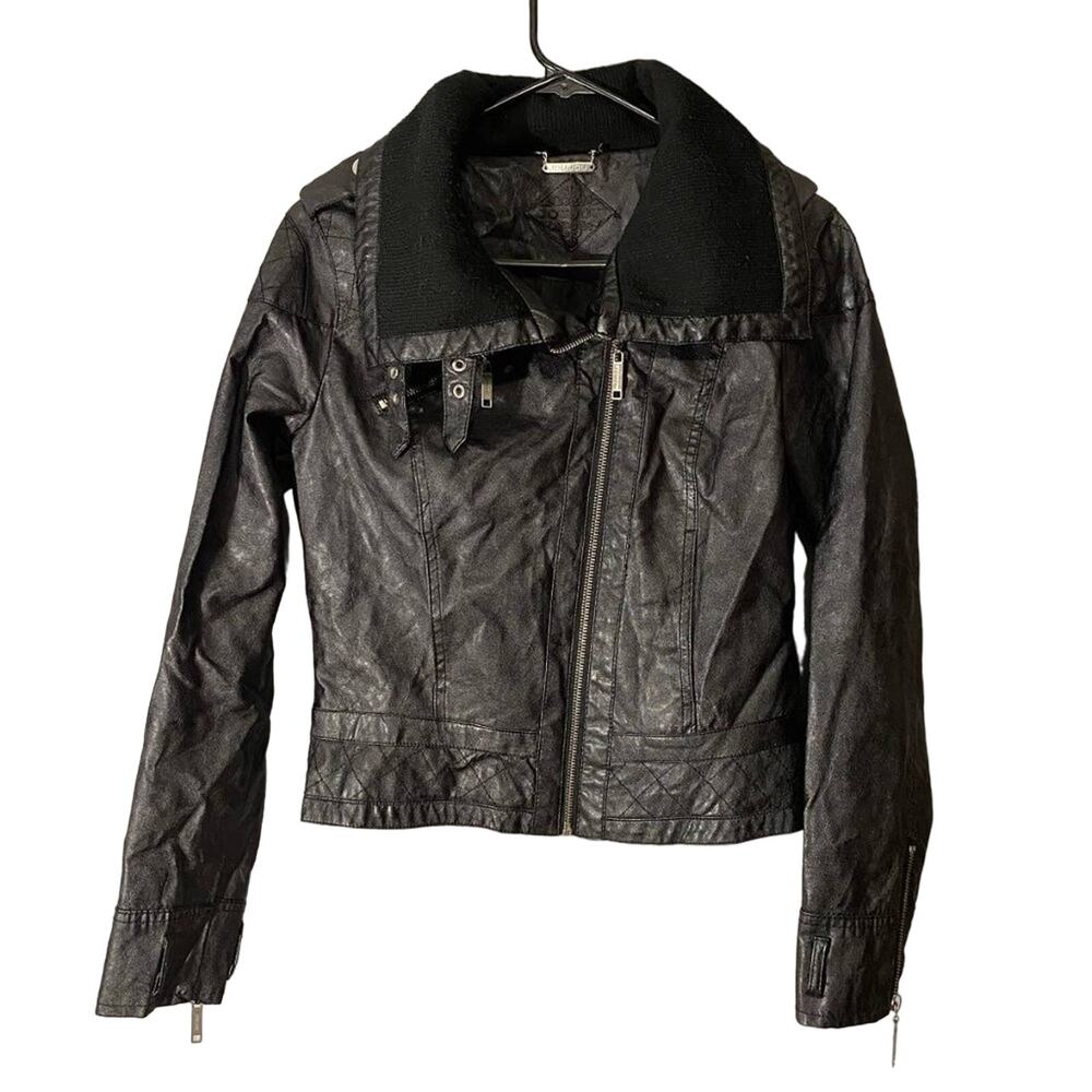 Jou Jou Black Vegan Leather Full Zip Moto Jacket Women’s Small